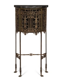 An Art Deco Demilune Gilt Iron and Brass Marble Top Cabinet