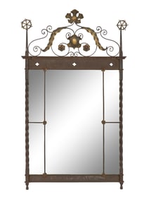 A Continental Patinated Iron and Gilt Tole Mirror