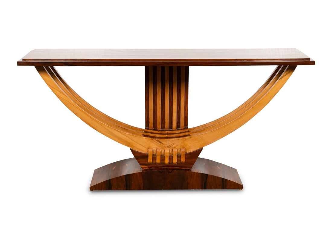 A Large Art Deco Style Two-Tone Lacquered Wood Console Table: A Large Art Deco Style Two-Tone Lacquered Wood Console Table 20th Century Raised on a demilune pedestal base. Height 34 1/2 x width 70 3/4 x depth 15 1/2 inches. This lot is located in Palm Beach.