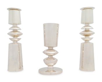 A Carmel Shabi Modernist Silver Kiddish Cup and Pair of Shabbat Candlesticks