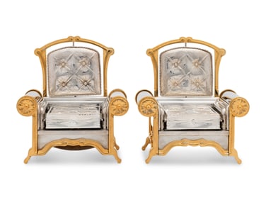 A Pair of Yossi Swed Partial Gilt Silver Armchair Shabbat Candlesticks