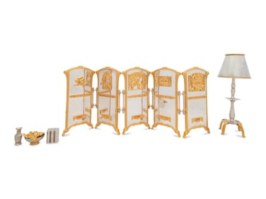 A Yossi Swed Partial Gilt Silver Pargod Screen, Lamp Charity Box and Group of Miniature Objects