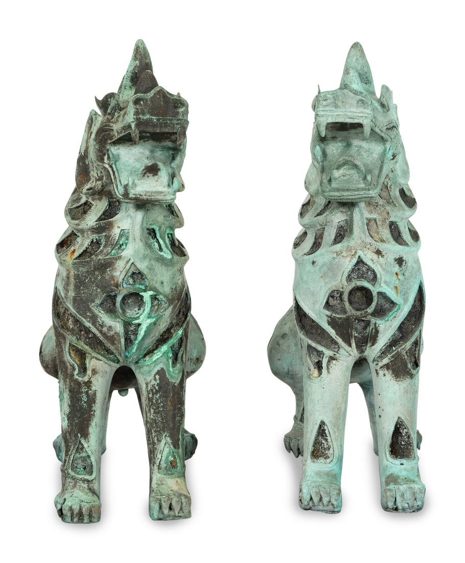 A Pair of Large Patinated Bronze Temple Lions (1 of 4)