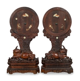 A Pair of Impressive Chinese Hardstone Inlaid Hardwood Floor Screens