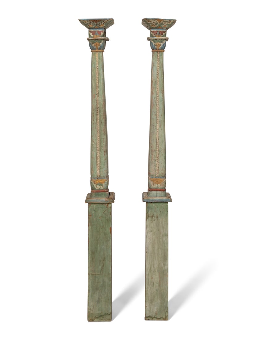 A Pair of South Asian Polychrome Painted Columns: A Pair of South Asian Polychrome Painted Columns 20th Century Height 81 3/4 inches. This lot is located in Palm Beach.