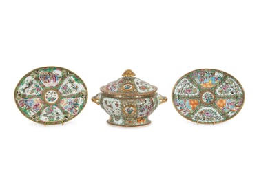 Three Famille Rose Porcelain Articles Including Two Ovate Platters and Tureen