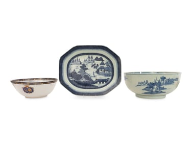 Two Chinese Export Porcelain Punch Bowls and Associated Canton Ware Platter