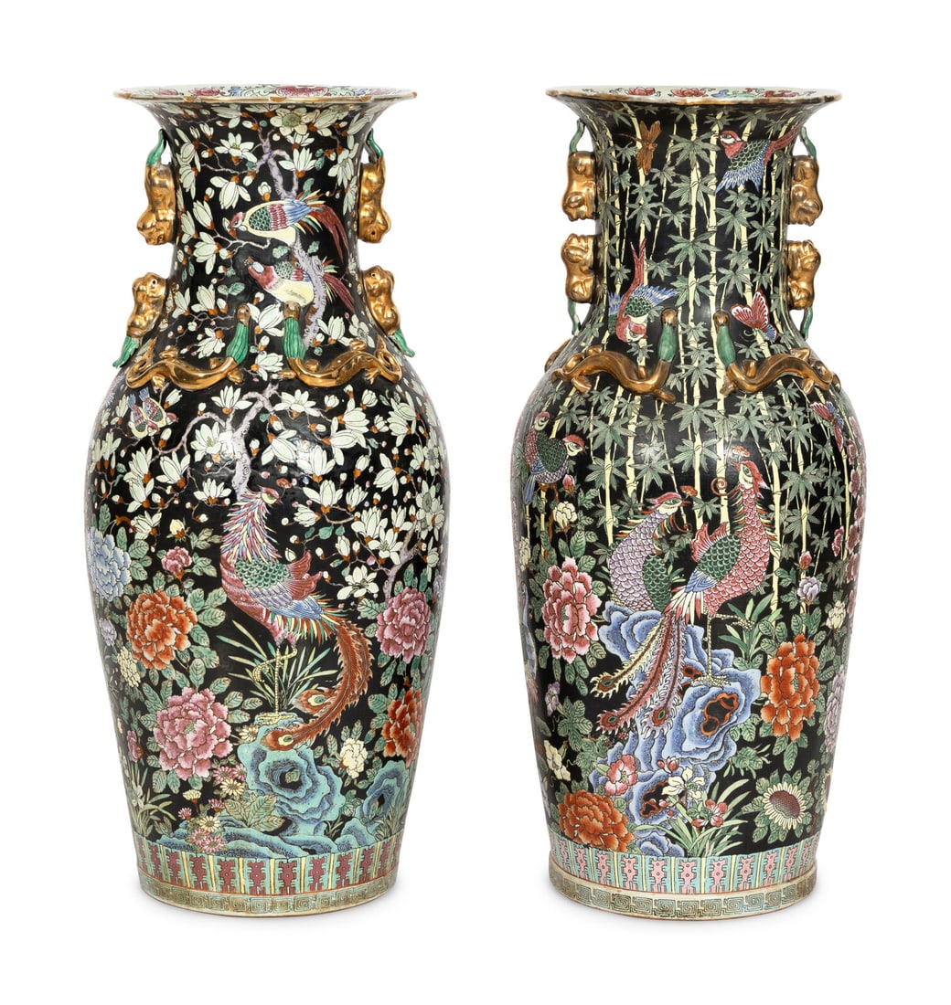 A Pair of Large Famille Noir Porcelain Floor Vases (1 of 4)