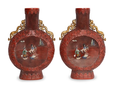 A Pair of Large Chinese Red Lacquer Bottle-Form and Hardstone Applique Vases
