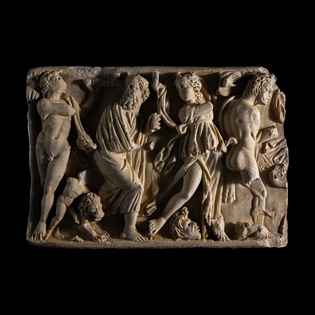 A Roman Marble Sarcophagus Fragment with a Dionysian Scene: A Roman Marble Sarcophagus Fragment with a Dionysian Scene Circa 1st-2nd Century A.D. Width 35 3/4 inches (90.81 cm). Provenance: Vincenzo Consani, Florence, 1860s, acquired in Rome. S. Pozzi Collecti