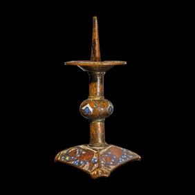A Limoges Gilt-Copper and Champleve Enamel Candlestick