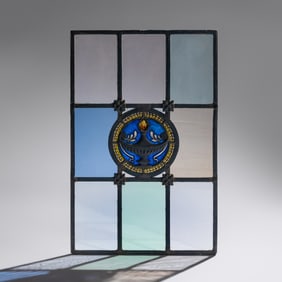 Linden Glass Company (Chicago, 1884–1934) Window with cast metal lamp in circular medallion