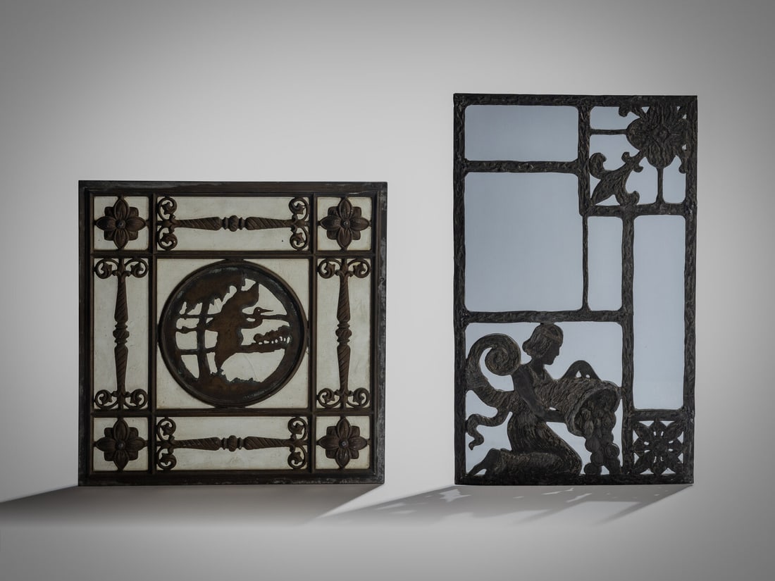 Linden Glass Company (Chicago, 1884–1934) Two tinted glass windows: Linden Glass Company (Chicago, 1884–1934) Two tinted glass windows leaded glass First with heavy curved lead two sides depicting a flying crane; second window depicting kneeling woman with cornu