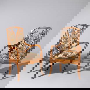 French Art Nouveau, c. 1910, Pair of armchairs: French Art Nouveau c. 1910 Pair of armchairs walnut, textile 40¼ h × 24¾ w × 25 d in (102 × 63 × 64 cm) This lot is located in Chicago. Christie's, sold in the Florence a