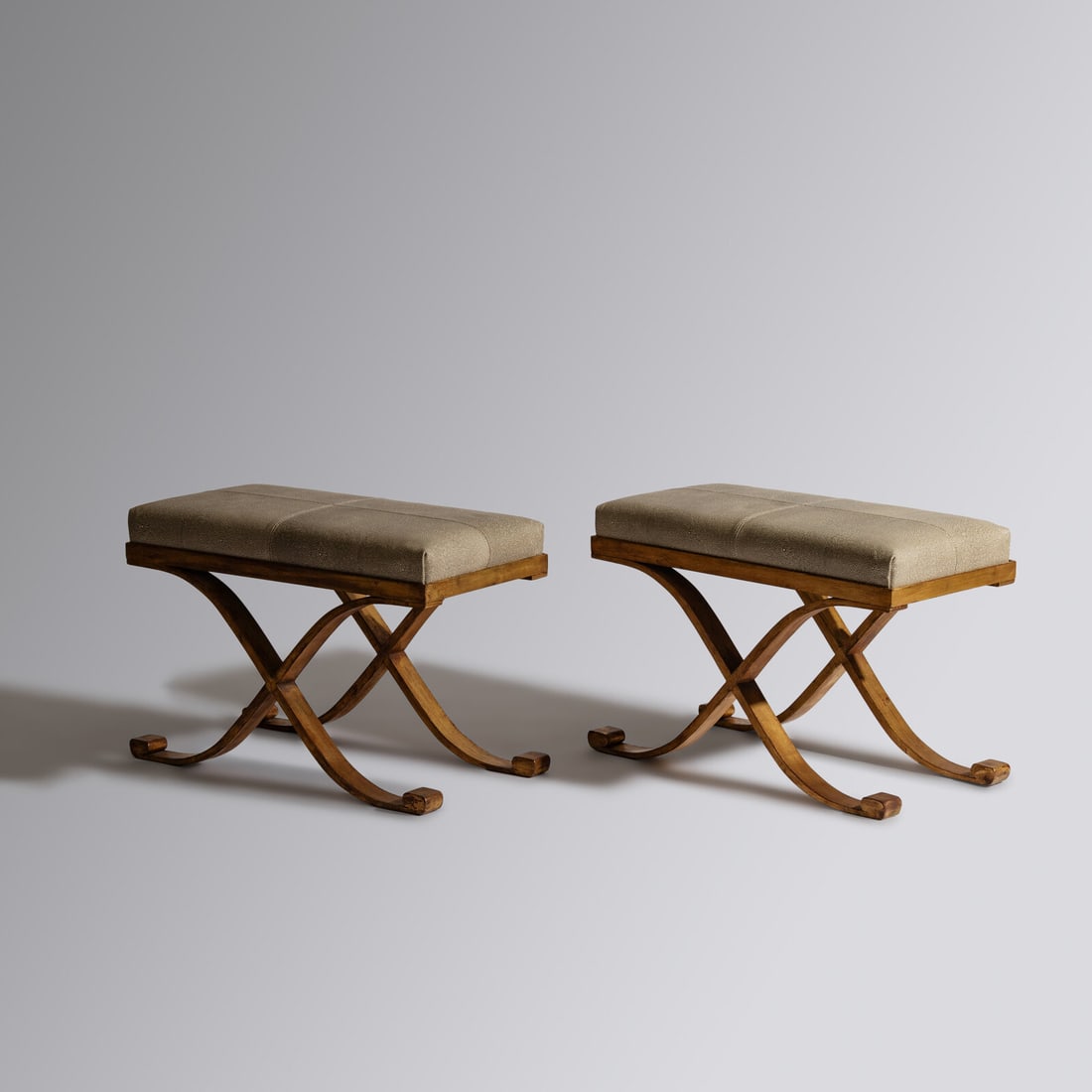 Raymond Subes (French, 1891-1970) Pair of Art Deco benches, c. 1930: Raymond Subes (French, 1891-1970) Pair of Art Deco benches, c. 1930 gilt wrought iron, later upholstery in Edelman faux-shagreen embossed leather 18½ × 27 w × 14 d in (47 × 69 