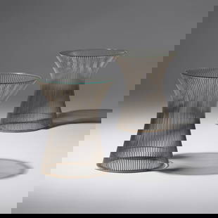 Warren Platner (American, 1919–2006) Pair of Side Tables Knoll: Warren Platner (American, 1919–2006) Pair of Side Tables Knoll chrome-plated steel, glass 17¾ h × 16 dia in (45 × 41 cm) This lot is located in Chicago.