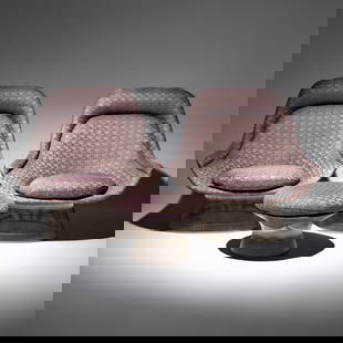 Warren Platner (American, 1919–2006) Pair of Easy Lounge Chairs, model 1705 and one ottoman,: Warren Platner (American, 1919–2006) Pair of Easy Lounge Chairs, model 1705 and one ottoman, Model 1705y, for Knoll International USA, 1966/1980 chrome-plated steel, upholstery 39 h × 41