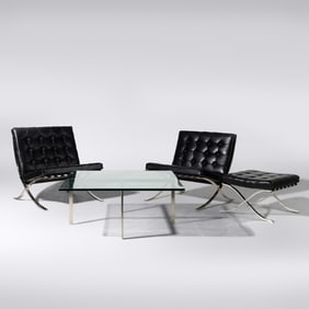 Ludwig Mies van der Rohe (German-American, 1886–1969) Pair of Barcelona Chairs with Ottoman
