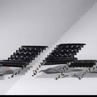 Ludwig Mies van der Rohe (German-American, 1886–1969) Pair of Barcelona Chairs with Ottoman: Ludwig Mies van der Rohe (German-American, 1886–1969) Pair of Barcelona Chairs with Ottoman for Knoll leather upholstery, polished stainless steel chair | 31 h × 31½ w × 32 d in