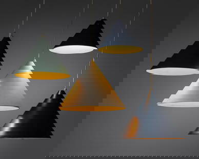 Arne Jacobsen (Danish, 1902–1971) Four Billiard pendant lamps: Arne Jacobsen (Danish, 1902–1971) Four Billiard pendant lamps enameled aluminum stamped 'Made in Denmark' interior top rim of shade 12 h × 16½ dia in (30 ×42 cm) | Large blue