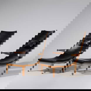 Gunnar Asplund (Swedish, 1885–1940) Pair of Senna lounge chairs, 1925 / c. 1980 for Cassina,: Gunnar Asplund (Swedish, 1885–1940) Pair of Senna lounge chairs, 1925 / c. 1980 for Cassina, Sweden / Italy leather, fruitwood, plastic, brass stamped 'Cassina' to underside of front