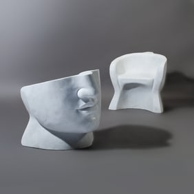 Italian 20th Century Pair of white marble 'Face' chairs