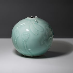 Cliff Lee (American, b. 1951) Celadon-glazed vase with dragonfly and flowers, 2014