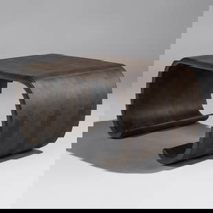 Karl Springer (German-American, 1931–1991) Waterfall Table in Lizard, 1988: Karl Springer (German-American, 1931–1991) Waterfall Table in Lizard, 1988 lizard skin over wood 'Karl Springer' leather tag on underside 18 h × 33 w × 24 d in (46 × 84 ×