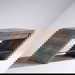 Karl Springer (German-American, 1931–1991) Shagreen Waterfall table, 1985: Karl Springer (German-American, 1931–1991) Shagreen Waterfall table, 1985 shagreen, bone brass Karl Springer tag inside drawer 24¼ h × 36 w × 23¾ in (62 × 92 × 60 cm) Property
