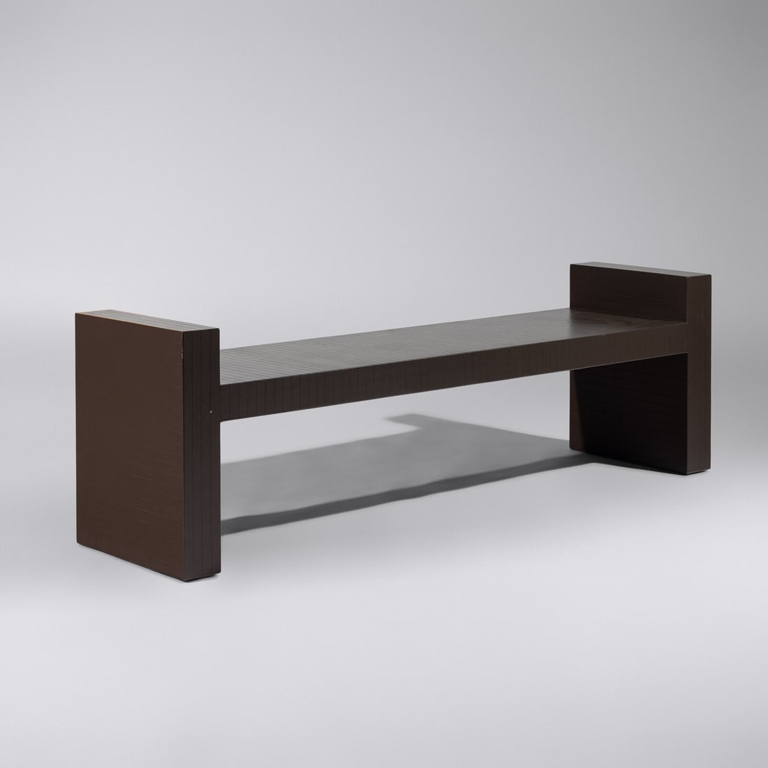 Karl Springer (German-American, 1931–1991) Scored Leather H-bench: Karl Springer (German-American, 1931–1991) Scored Leather H-bench leather over wood 'Karl Springer' leather tag on underside 22½ h × 72 w × 18¼ d in (57 × 183 × 46