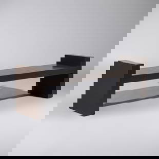Karl Springer (German-American, 1931–1991) Scored Leather H-bench: Karl Springer (German-American, 1931–1991) Scored Leather H-bench leather over wood 'Karl Springer' leather tag on underside 22½ h × 72 w × 18¼ d in (57 × 183 ×