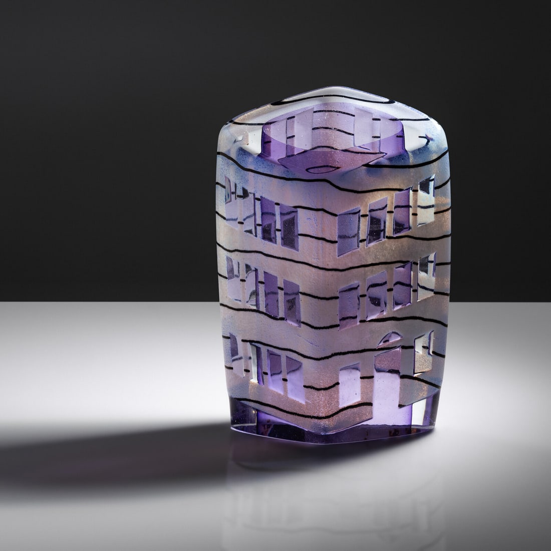 José Chardiet (Cuban-American, b. 1956) Purple building, 1987: José Chardiet (Cuban-American, b. 1956) Purple building, 1987 blown glass etched signature to underside 'Chardiet 87' 7 h × 4¾ w × 2¾ d in (18 × 12 × 7 cm) This lot 