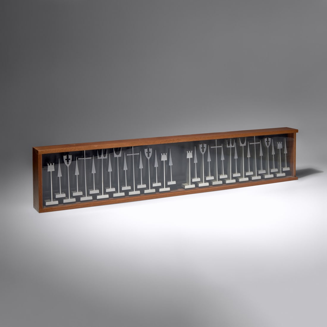 Austin Cox (American, 1924–2015) Boxed chess piece set, 1962 Austin Products for ALCOA, USA: Austin Cox (American, 1924–2015) Boxed chess piece set, 1962 Austin Products for ALCOA, USA aluminum, wood, acrylic underside of each impressed with '1962 AUSTIN ENTERPRISES' 6 × 30½ &