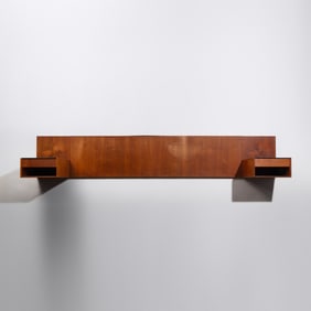 Hans Wegner (Danish, 1886–1961) Wall-mounted king size headboard and nightstands, Getama,
