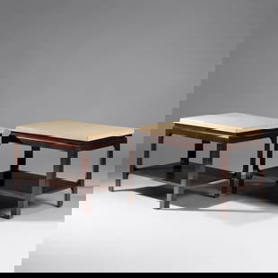 Paul Frankl (Austrian, 1886–1958) Pair of Cork-top end tables for Johnson Furniture Co.: Paul Frankl (Austrian, 1886–1958) Pair of Cork-top end tables for Johnson Furniture Co. cork, mahogany 21 h × 30 w × 18 d in (53 × 76 × 46 cm) This lot is located in