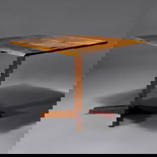 Mira Nakashima (American, b. 1942) Pedestal table with 5 butterfly joints: Mira Nakashima (American, b. 1942) Pedestal table with 5 butterfly joints 'bloody' birch, cherry base, cherry butterflies signed to underside 'Devenish', and 'for Louise! Mira Nakashima/August 4,