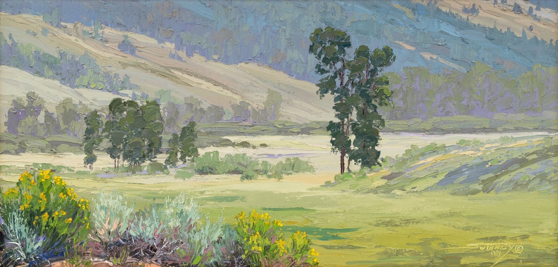 Carol Swinney (American, b. 1950) Mountain Meadow: Carol Swinney (American, b. 1950) Mountain Meadow oil on canvas 10 x 20 inches. The Art Collection of Tom and Virginia Coblentz