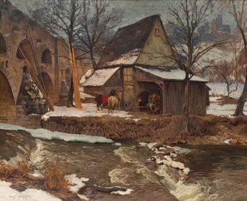 Rudolf Schacht  (German, 1900-1974) House by River with Horse Barn, 1933