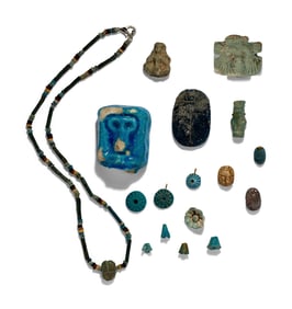 Seventeen Egyptian Faience, Stone, and Glass Objects