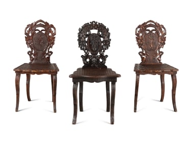 Three Black Forest Carved Side Chairs