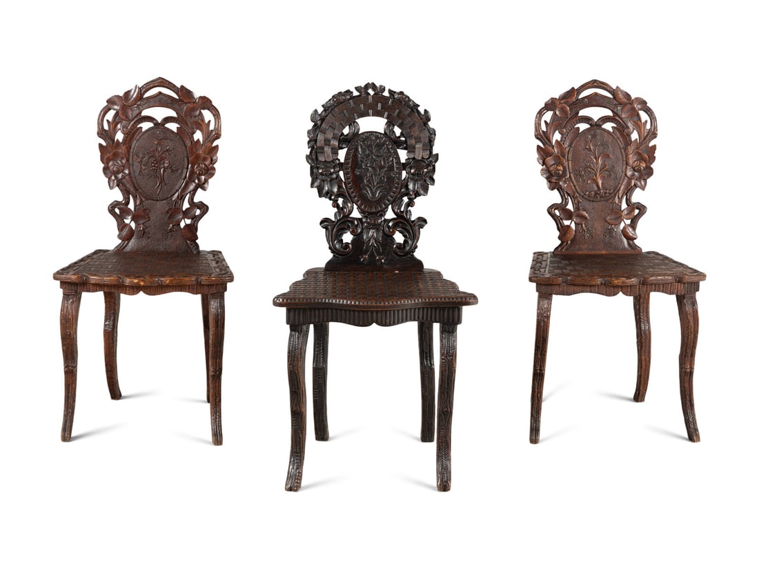 Three Black Forest Carved Side Chairs (1 of 4)