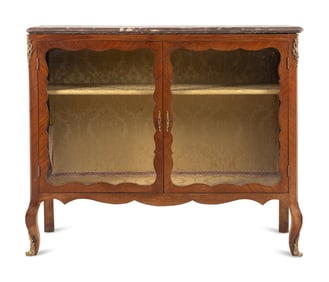 A Louis XV Style Gilt Bronze Mounted Bookmatched Mahogany Marble-Top Bookcase