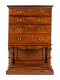 An English Mahogany, Marquetry and Penwork Chest-on-Stand