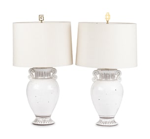 A Pair of Italian Glazed Earthenware Urn-Form Table Lamps