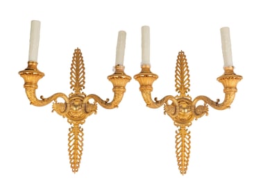 A Pair of French Gilt Bronze Two-Light Wall Sconces