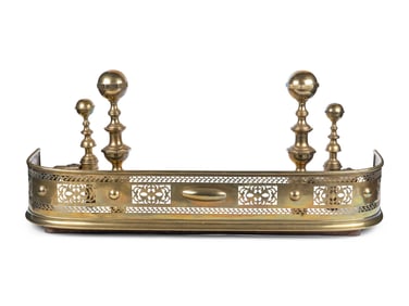 A Brass Fire Fender and a Pair of Brass Andirons