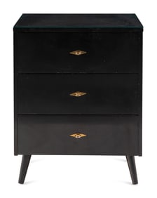 A Contemporary Black Lacquered Three-Drawer Nightstand
