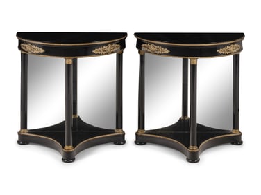 A Pair of Empire Style Gilt Bronze Mounted and Black Lacquered Demi Lune Console Tables