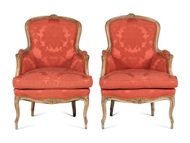 A Pair of Louis XV Style White-Painted Bergères