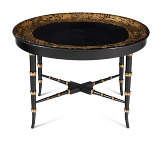 A Victorian Black Lacquer and Parcel Gilt Papier Mache Tray on Stand